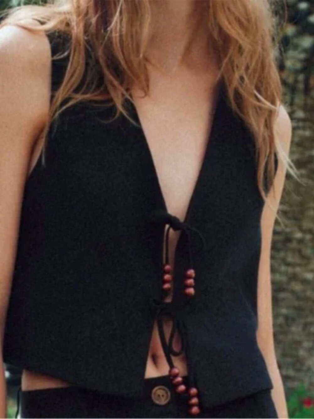 ZARA Linen Blend Vest with Beaded Self Ties Black Women's Size Small Sleeveless